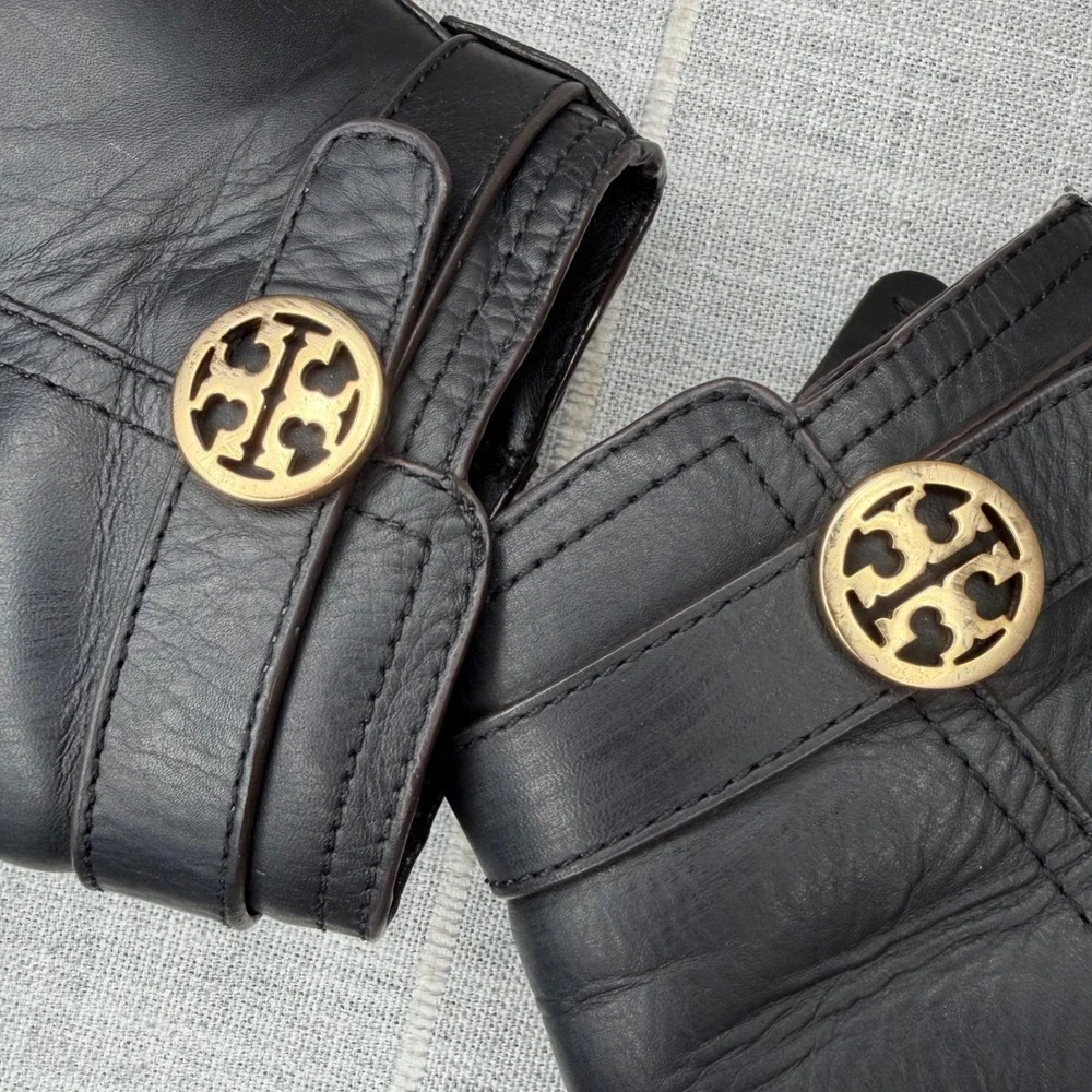 Tory Burch Bristol Black Leather Zip Ankle Boots High Heels Gold Logo 7.5 Bootie